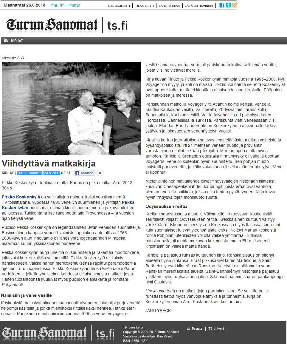 Viihdyttävä matkakirja -Turun Sanomat 24.8.2013
